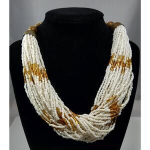 1980s White Gold Seed Bead Brass Necklace 35 Strand Vintage Choker